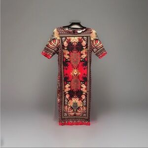 Beige by ECI Red and Black Geometric Floral Midi Stretch Dress
Size small EUC